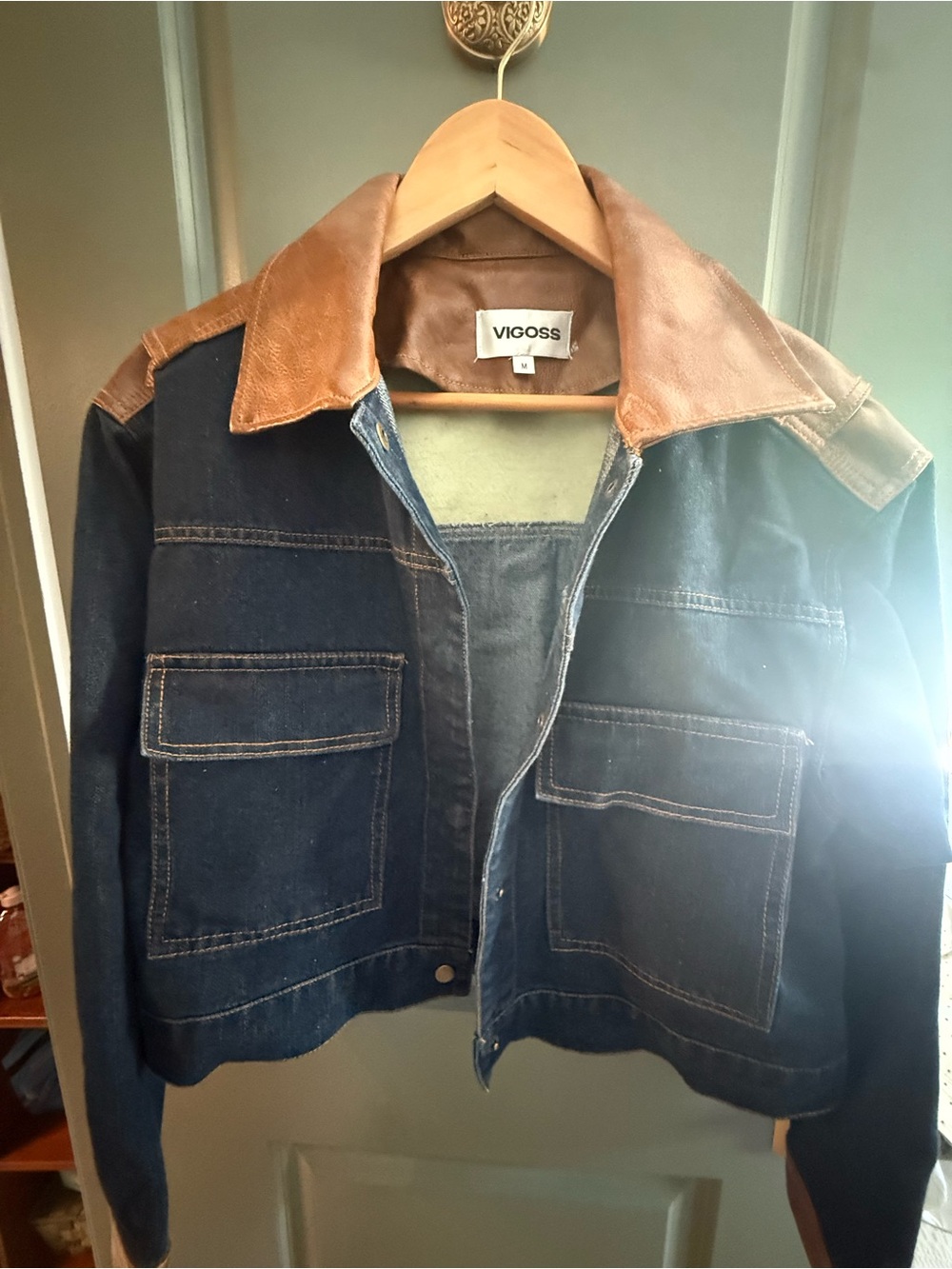 Vigoss Dark Blue Denim Bomber Jacket with Brown Leather Collar